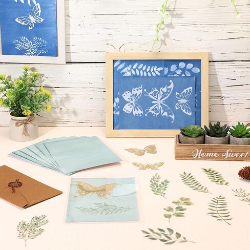 طقم ورق طباعة الشمس من Nezyo مكون من 100 قطعة من ورق Cyanotype مع 10 ألواح من البلاستيك الشفاف وقوالب ورق فراشات ورقية للبالغين من الورق الحساس للشمس للحرف الفنية DIY (5.83 × 8.27 بوصة) in Kuwait