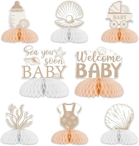 8 Pieces Boho Seashell Baby Shower Honeycomb Centerpieces - Seashell Sea You Soon Table Decorations, Double Sided Ocean Animals Table Toppers for Pregnancy Celebration Newborn Party in Saudi Arabia