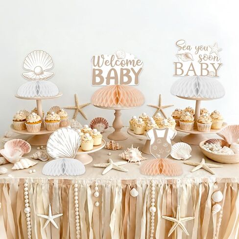 8 Pieces Boho Seashell Baby Shower Honeycomb Centerpieces - Seashell Sea You Soon Table Decorations, Double Sided Ocean Animals Table Toppers for Pregnancy Celebration Newborn Party in Saudi Arabia