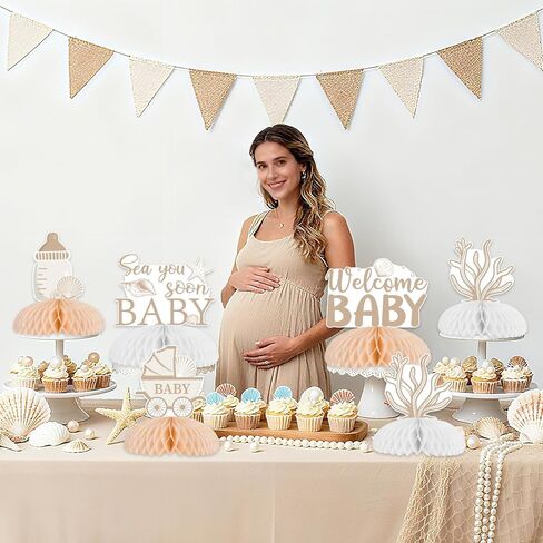 8 Pieces Boho Seashell Baby Shower Honeycomb Centerpieces - Seashell Sea You Soon Table Decorations, Double Sided Ocean Animals Table Toppers for Pregnancy Celebration Newborn Party in Saudi Arabia