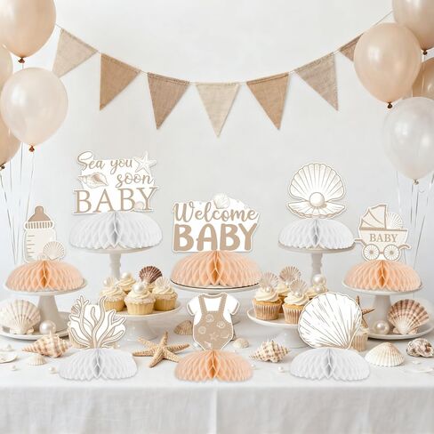 8 Pieces Boho Seashell Baby Shower Honeycomb Centerpieces - Seashell Sea You Soon Table Decorations, Double Sided Ocean Animals Table Toppers for Pregnancy Celebration Newborn Party in Saudi Arabia