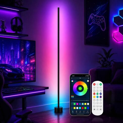مصباح زاوية LED RGB مع مزامنة الموسيقى - 16 مليون لون إضاءة محيطة، تطبيق ذكي وجهاز تحكم عن بعد، مصباح أرضي مثالي لغرفة النوم وغرفة المعيشة وغرفة الألعاب in Kuwait