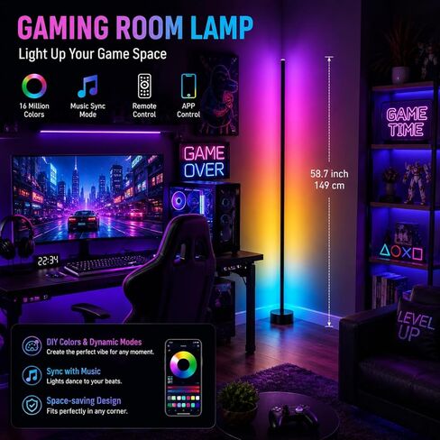 مصباح زاوية LED RGB مع مزامنة الموسيقى - 16 مليون لون إضاءة محيطة، تطبيق ذكي وجهاز تحكم عن بعد، مصباح أرضي مثالي لغرفة النوم وغرفة المعيشة وغرفة الألعاب in Kuwait