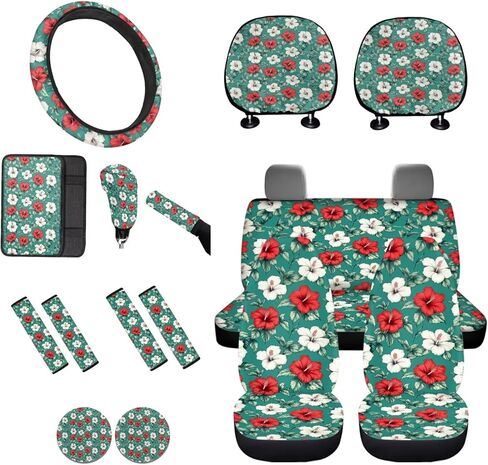Frog Print 16 Piece Car Seat Cover Set, Sunflower Butterfly Print Auto Accessories for Women, Soft Car Front and Rear Bench Seat Cover Seatbelt Pad, Easy to Install, Universal Fits in Saudi Arabia