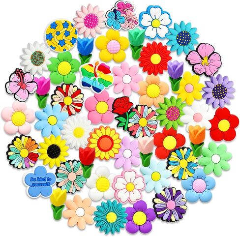Silicone Flower Focal Beads Bulk 50PCS Mixed Colorful Daisy Flower Sunflower Rose Tulip Focal Beads Floral Focals for Landyard/Pens/Necklace/Keychains/Bracelets Women Teens Gifts in Saudi Arabia