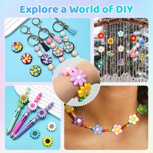 Silicone Flower Focal Beads Bulk 50PCS Mixed Colorful Daisy Flower Sunflower Rose Tulip Focal Beads Floral Focals for Landyard/Pens/Necklace/Keychains/Bracelets Women Teens Gifts in Saudi Arabia