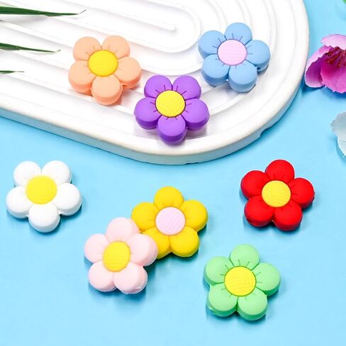 Silicone Flower Focal Beads Bulk 50PCS Mixed Colorful Daisy Flower Sunflower Rose Tulip Focal Beads Floral Focals for Landyard/Pens/Necklace/Keychains/Bracelets Women Teens Gifts in Saudi Arabia