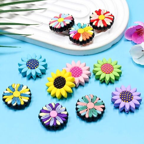 Silicone Flower Focal Beads Bulk 50PCS Mixed Colorful Daisy Flower Sunflower Rose Tulip Focal Beads Floral Focals for Landyard/Pens/Necklace/Keychains/Bracelets Women Teens Gifts in Saudi Arabia