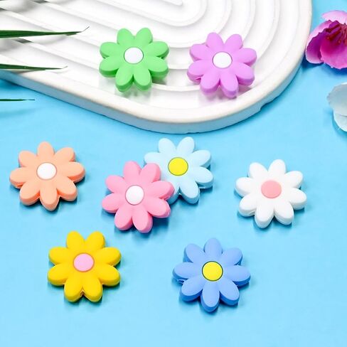 Silicone Flower Focal Beads Bulk 50PCS Mixed Colorful Daisy Flower Sunflower Rose Tulip Focal Beads Floral Focals for Landyard/Pens/Necklace/Keychains/Bracelets Women Teens Gifts in Saudi Arabia