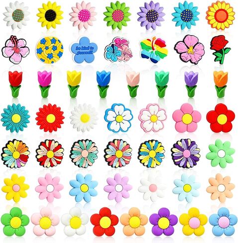 Silicone Flower Focal Beads Bulk 50PCS Mixed Colorful Daisy Flower Sunflower Rose Tulip Focal Beads Floral Focals for Landyard/Pens/Necklace/Keychains/Bracelets Women Teens Gifts in Saudi Arabia