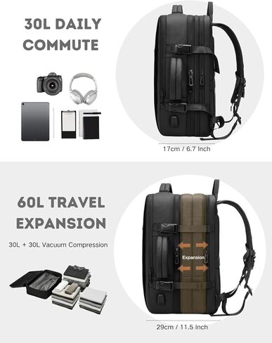 Vacuum Seal Travel Backpack 60L Expandable Air Compression System, Water Resistant Airline Approved Carry-On Suitcase Luggage, Black - Vacuum Pump Included in Saudi Arabia