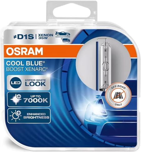OSRAM XENARC Cool Blue Boost D1S، مصباح أمامي HID، 66140CBB-HCB، ضوء أزرق مفرط، 85 فولت، 35 وات، للطرق الوعرة فقط، صندوق مزدوج (مصباحان) in Kuwait