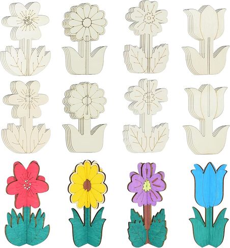 Wooden Flowers for Crafts, DIY 3D Wood Crafts Paintable Flower Craft Ornaments: Spring-Themed Slices to Paint, Unfinished Wood Cutouts for Kids & Adults Decorations​(32 Flower) in Saudi Arabia