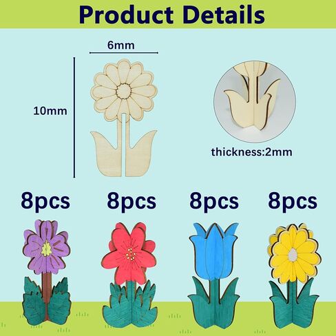 Wooden Flowers for Crafts, DIY 3D Wood Crafts Paintable Flower Craft Ornaments: Spring-Themed Slices to Paint, Unfinished Wood Cutouts for Kids & Adults Decorations​(32 Flower) in Saudi Arabia
