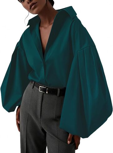 Women's Lapel Collar Button Down Lantern Long Sleeve Blouse Shirt Top in Saudi Arabia