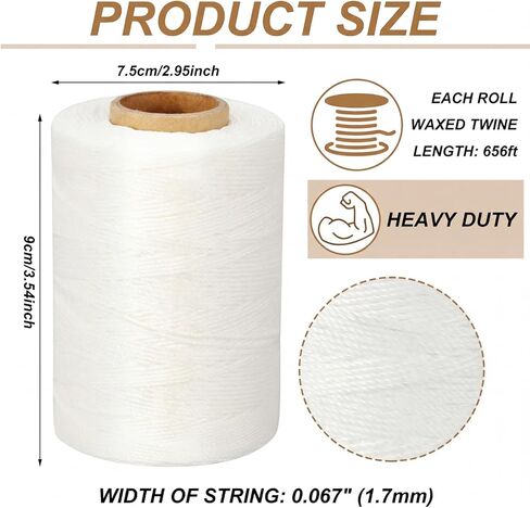 6 Pack 9-Ply Waxed Twine 160 LBS Tensile Strength 656 Feet Per Roll Polyester Wax Lacing Cord Heavy Duty Twine String Cable for Indoor Outdoor Garden Tie Down Use(White) in Kuwait