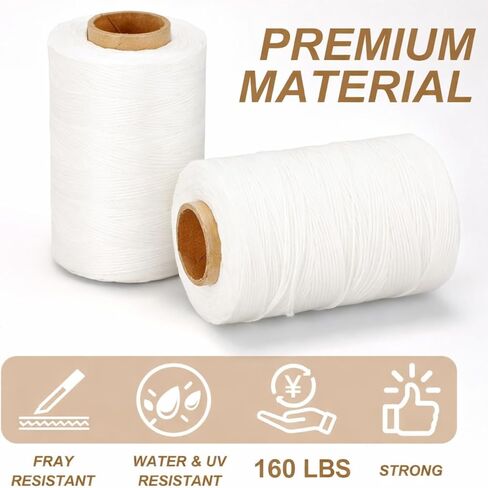 6 Pack 9-Ply Waxed Twine 160 LBS Tensile Strength 656 Feet Per Roll Polyester Wax Lacing Cord Heavy Duty Twine String Cable for Indoor Outdoor Garden Tie Down Use(White) in Kuwait