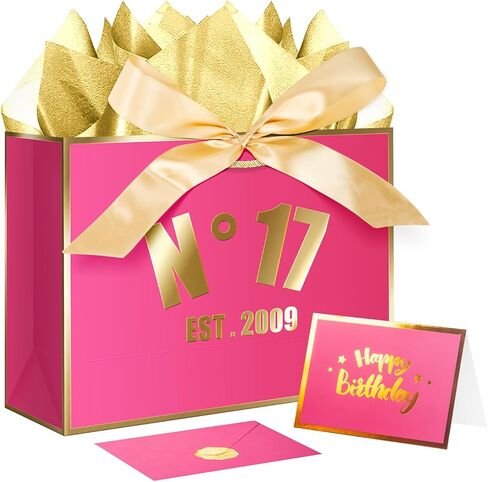 XiaosRen 12th Hot Pink Birthday Gift Bag with Card, Tissue Paper and Ribbon for Women Girls Birthday Party Favor, Presents Wrapping (12.6" EST 2014) in Saudi Arabia