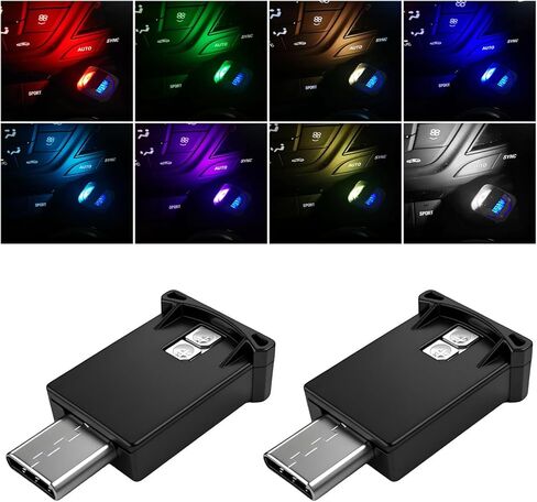 2 PCS USB Type C LED Ambient Light, 8 Colors RGB LED Car Atmosphere Lamp Adjustable Brightness Light, 5V Plug-in USB Ambient Lamp Interior Decoration for Vehicle Home Office in Saudi Arabia