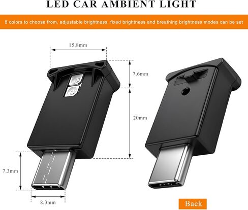 2 PCS USB Type C LED Ambient Light, 8 Colors RGB LED Car Atmosphere Lamp Adjustable Brightness Light, 5V Plug-in USB Ambient Lamp Interior Decoration for Vehicle Home Office in Saudi Arabia