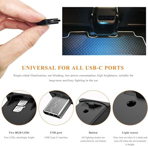 2 PCS USB Type C LED Ambient Light, 8 Colors RGB LED Car Atmosphere Lamp Adjustable Brightness Light, 5V Plug-in USB Ambient Lamp Interior Decoration for Vehicle Home Office in Saudi Arabia