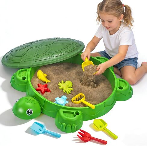 Turtle Sandbox with Lid & Beach Toys Set, 38" Kids Sandbox for Toddlers 3-8, Indoor Outdoor Sensory Play Sand Box with Cover, Summer Gift for Ages 3-8 in Saudi Arabia