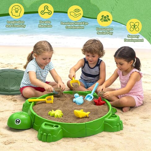Turtle Sandbox with Lid & Beach Toys Set, 38" Kids Sandbox for Toddlers 3-8, Indoor Outdoor Sensory Play Sand Box with Cover, Summer Gift for Ages 3-8 in Saudi Arabia
