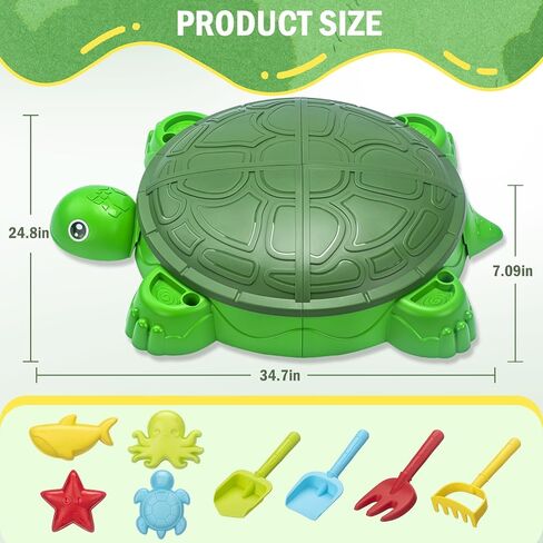 Turtle Sandbox with Lid & Beach Toys Set, 38" Kids Sandbox for Toddlers 3-8, Indoor Outdoor Sensory Play Sand Box with Cover, Summer Gift for Ages 3-8 in Saudi Arabia