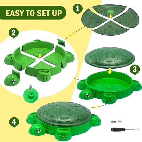 Turtle Sandbox with Lid & Beach Toys Set, 38" Kids Sandbox for Toddlers 3-8, Indoor Outdoor Sensory Play Sand Box with Cover, Summer Gift for Ages 3-8 in Saudi Arabia