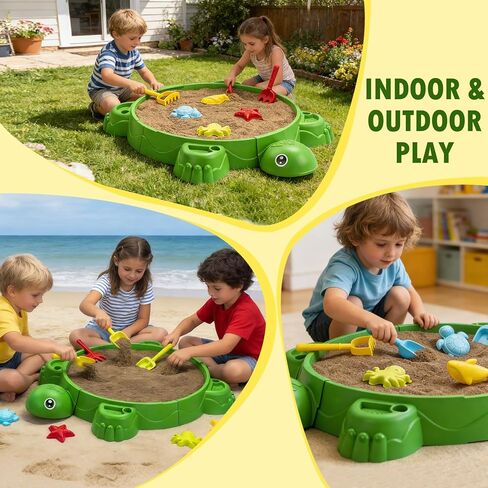 Turtle Sandbox with Lid & Beach Toys Set, 38" Kids Sandbox for Toddlers 3-8, Indoor Outdoor Sensory Play Sand Box with Cover, Summer Gift for Ages 3-8 in Saudi Arabia