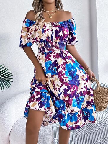Women's Summer Floral Print Short Sleeve Square Neck Dress Smocked Waist A Line Ruffle Hem Swing Flowy Dress in Saudi Arabia