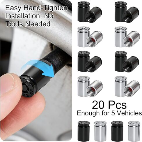 Bullet Valve Stem Caps, Aluminum Anti-Corrosion Tire Valve Caps with O-Ring Seal, Universal Fit for Cars Trucks SUVs Motorcycles Bicycles, Rust Proof TPMS Safe Screw-On Cover, 20 Pack (Black & Silver) in Saudi Arabia