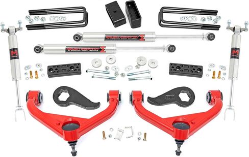 طقم رفع Rough Country 3 بوصات لسيارة Chevy Silverado وGMC Sierra 2500HD/3500HD (2020-2026) مع نوابض التحميل الزائد في المصنع - صدمات M1 الأمامية والخلفية، وأذرع تحكم حمراء in Kuwait