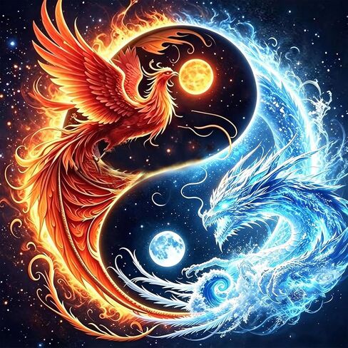 5D Dragon and Phoenix Diamond Painting Kits for Adults Beginners, Full Drill Round Diamond Art Kit for Home Wall Decor, DIY Paint with Diamonds Crafts for Stress Relief, Gift for Women-13.8 "x13.8" in Kuwait
