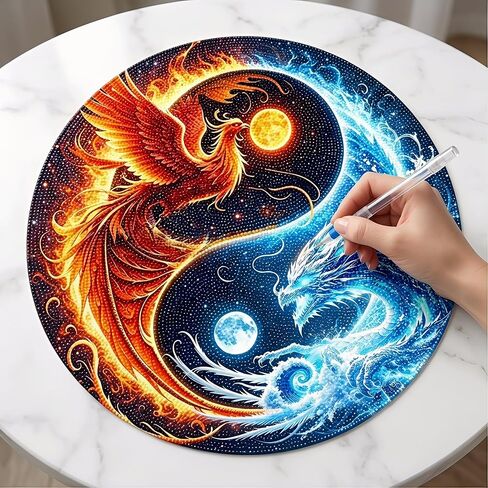5D Dragon and Phoenix Diamond Painting Kits for Adults Beginners, Full Drill Round Diamond Art Kit for Home Wall Decor, DIY Paint with Diamonds Crafts for Stress Relief, Gift for Women-13.8 "x13.8" in Kuwait