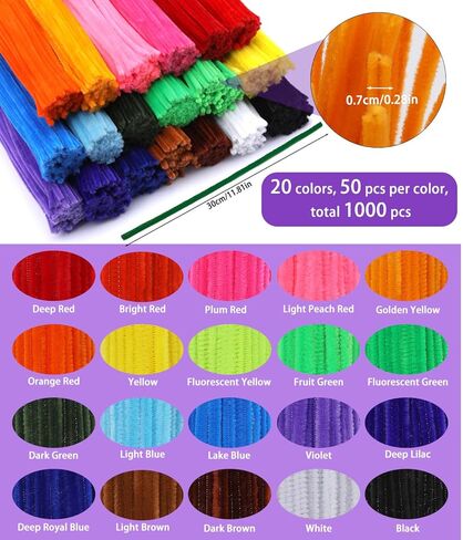 1000 Pcs Pipe Cleaners Bulk Craft Supplies Chenille Stems 20 Colors Craft Pipe Cleaners for Flower Making, Festival Home Decorations, Art Supplies in Kuwait