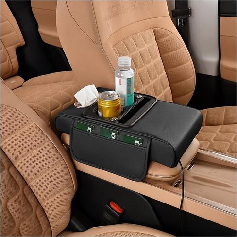 Car Center Console Armrest Pillow, 5-in-1 Memory Foam Armrest Cover with 2 Storage Bag, Tissue Box, Cup Phone Holder, Auto Middle Console Arm Rest Protector Organizer, Universal Fit (Black) in Kuwait