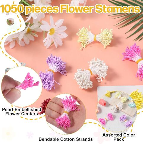 HJZHII 1050Pcs Flower Stamens for Crafts, Artificial Pearl Floral Pistil 3mm Malt-Shaped Stamens Making Assorted Color Pearl Flowers Stamen for DIY Card Buds Craft Making Decoration 7Colors in Kuwait