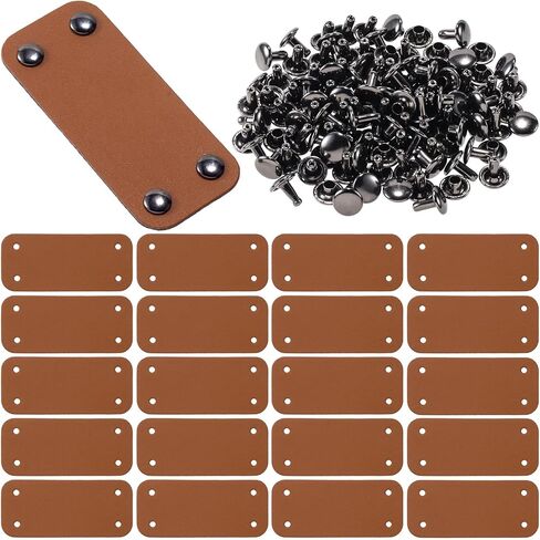 PAGOW 20 Pcs PU Leather Tags, 1.18 x 2.76 Inch Crochet Tags Repair Patch with Rivets, Faux Leather Labels Blank Patches Knitting Accessories for Crochet Items Clothing Sewing - Brown in Kuwait
