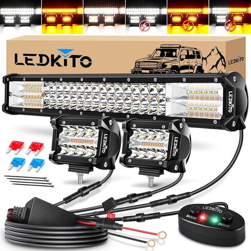20In LED Light Bar and 2PCS 4In LED Cube Pod Lights Amber White 6Mode Strobe Spot Flood Combo Dual Color OffRoad Driving Work Light Bar with Memory Reset Function for ATV UTV SUV Trucks Pickup in Saudi Arabia