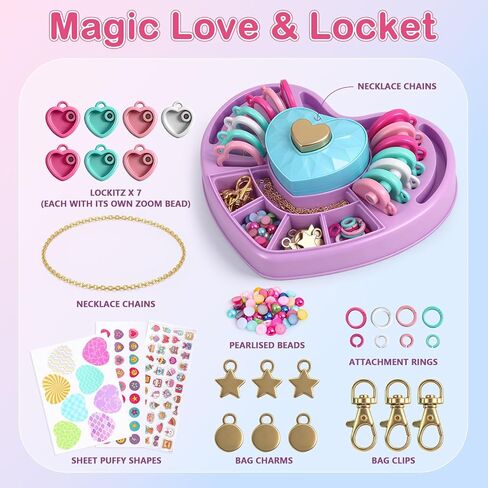 DIY Heart Locket Keychain Making Kit with Magic Zoom Beads, Gifts for Girls Ages 5 6 7 8 9 10, Toys for Girls Bag Charms Craft Set for Backpacks, Purses, Handbags, Valentines Party Favors Classroom in Saudi Arabia