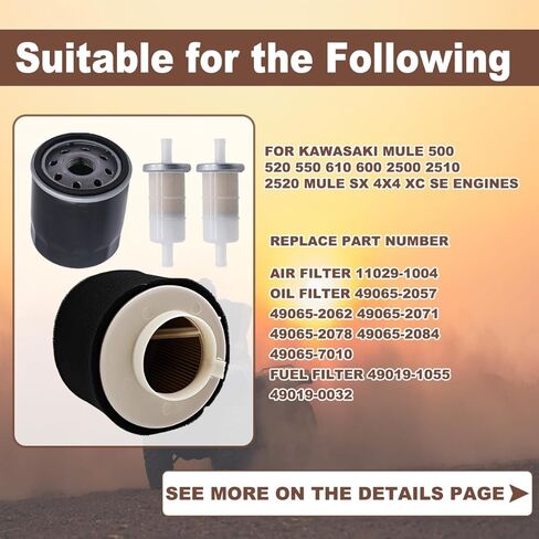 11029-1004 Air Filter Tune Up Ki Fit for Kawasaki Mule 500 520 550 600 610 2500 2510 2520 KAF300 KAF400 KAF620A KAF620B Mule SX 4x4 XC SE with 49065-2078 Oil Filter in Kuwait