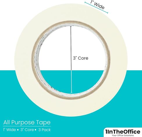 شريط لاصق 1InTheOffice مقاس 2.54 سم، شريط لاصق للأغراض العامة، 0.94 بوصة × 60.1 ياردة، 3 بوصات، (3/عبوة) in Kuwait