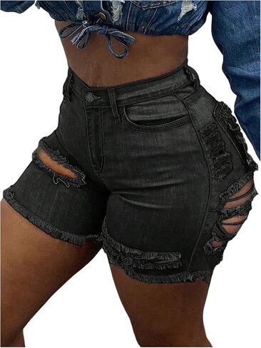 Floerns Women's Ripped Raw Trim Skinny Jeans Y2k Distressed High Waisted Straight Leg Denim Shorts in Saudi Arabia