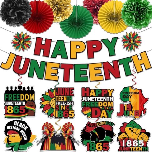 Juneteenth Banner Decorations, Red Yellow Black and Green Backdrop Decorations for Office,Paper Fans Banner and hanging swirls for June Independence Day Freedom Day Party Supplies in Kuwait