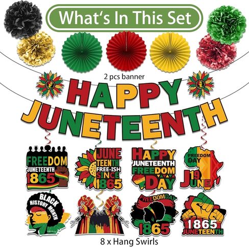 Juneteenth Banner Decorations, Red Yellow Black and Green Backdrop Decorations for Office,Paper Fans Banner and hanging swirls for June Independence Day Freedom Day Party Supplies in Kuwait