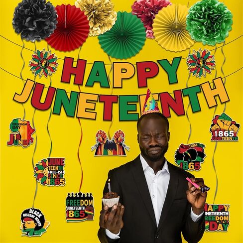 Juneteenth Banner Decorations, Red Yellow Black and Green Backdrop Decorations for Office,Paper Fans Banner and hanging swirls for June Independence Day Freedom Day Party Supplies in Kuwait