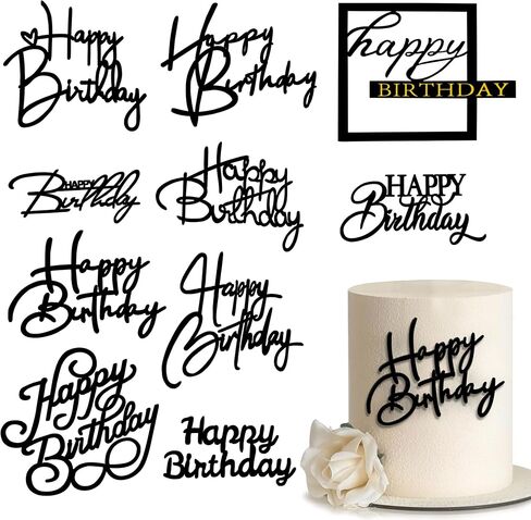 10 PCS Silver Happy Birthday Acrylic Cake Toppers Mirrored Side Cake Decorations Inserts 10 Styles (Black) in Saudi Arabia
