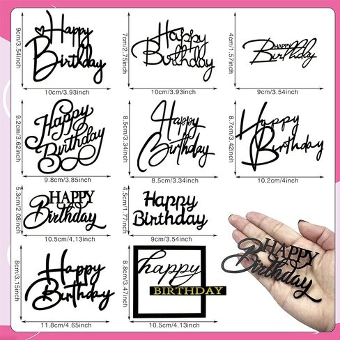 10 PCS Silver Happy Birthday Acrylic Cake Toppers Mirrored Side Cake Decorations Inserts 10 Styles (Black) in Saudi Arabia