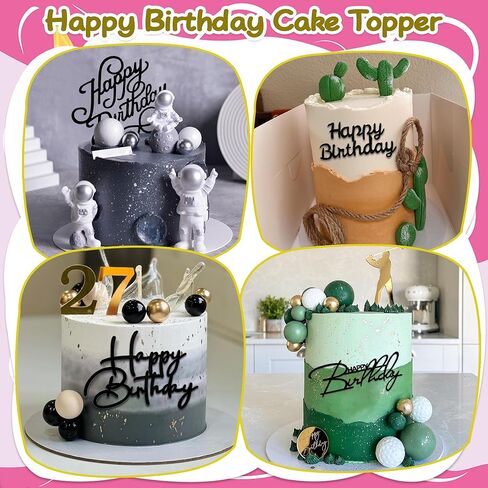 10 PCS Silver Happy Birthday Acrylic Cake Toppers Mirrored Side Cake Decorations Inserts 10 Styles (Black) in Saudi Arabia